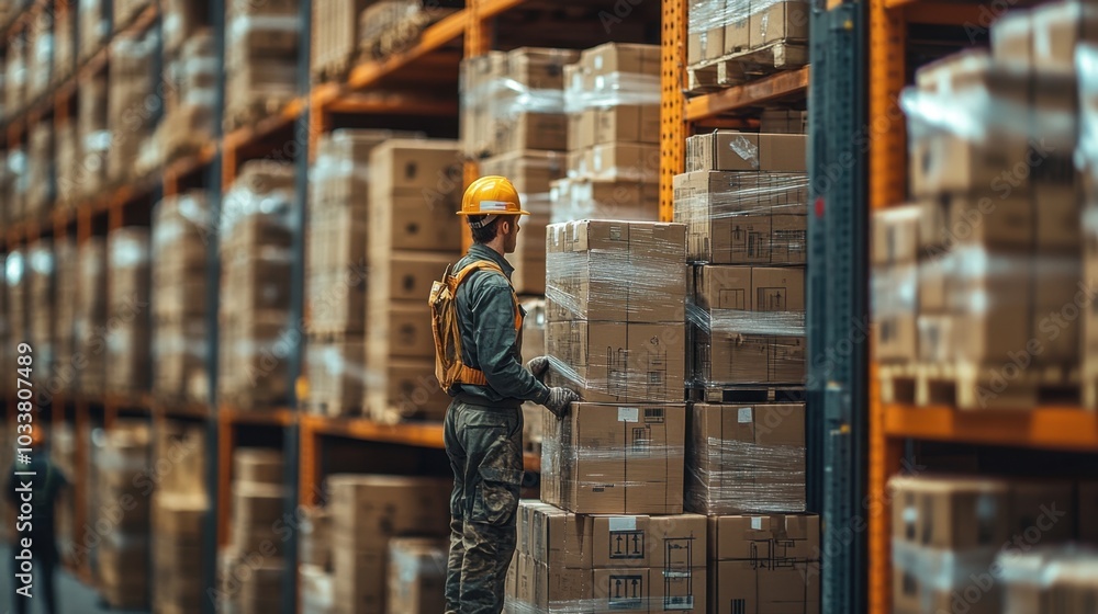 A diligent warehouse worker expertly organizing boxes on shelves at a bustling distribution center in the early morning A diligent warehouse worker expertly organizing boxes on shelves at a bustling distribution center in the early morning