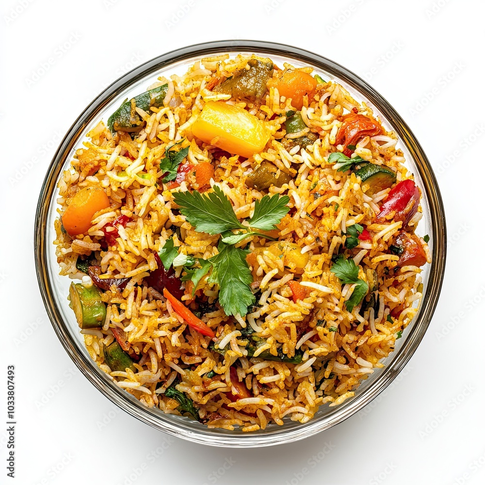 Top view of a glass bowl with vegetable biryani isolated on white background Top view of a glass bowl with vegetable biryani isolated on white background