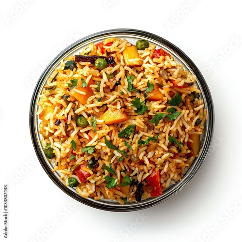 Top view of a glass bowl with vegetable biryani isolated on white background