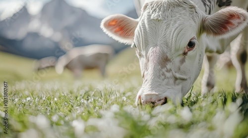 A peaceful scene featuring a cow grazing on lush green grass with majestic mountains in the background, illustrating a tranquil pastoral landscape. photo