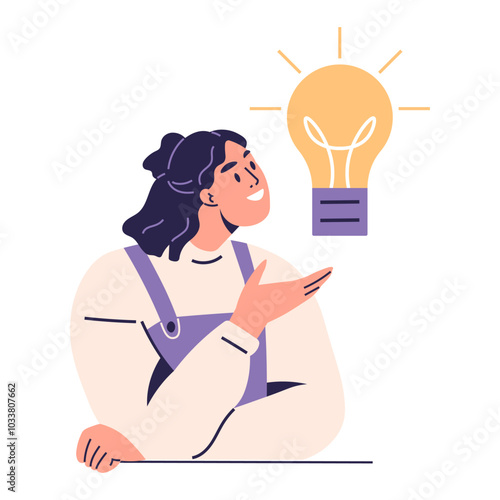 A person gesturing towards a glowing light bulb, symbolizing a new idea. Ideal for creativity, innovation, brainstorming, solutions, concept development. Modern, flat, colorful