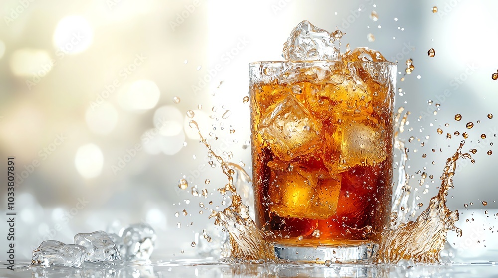 A refreshing drink splashing in a glass, with ice cubes, capturing the essence of summer relaxation and refreshment. A refreshing drink splashing in a glass, with ice cubes, capturing the essence of summer relaxation and refreshment.