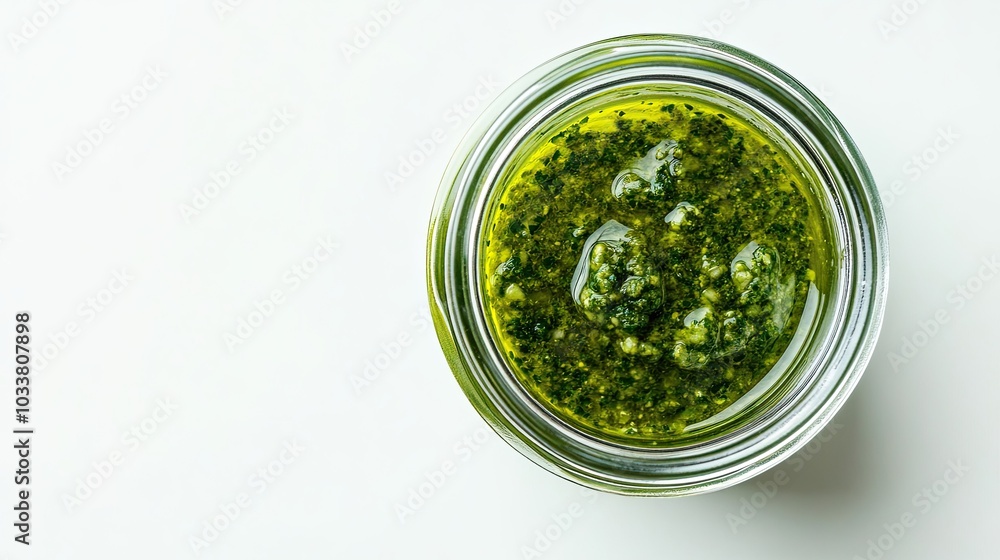 Top view of a glass jar with pesto sauce isolated on white background --ar 16:9 Top view of a glass jar with pesto sauce isolated on white background --ar 16:9
