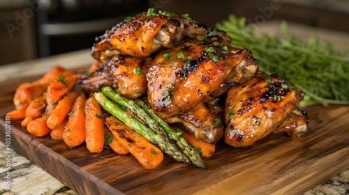 A platter of glazed chicken wings served with roasted carrots and asparagus. photo