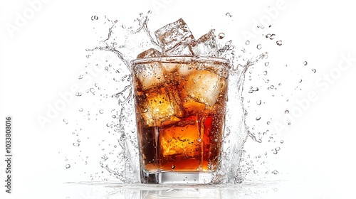 A refreshing glass of cola with ice cubes splashing, capturing the essence of summer enjoyment and cool beverages. photo