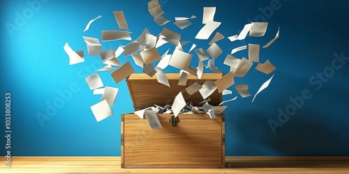 Wooden chest open with flying papers creating chaotic scene against blue wall. Papers of different sizes and colors scattered everywhere. photo