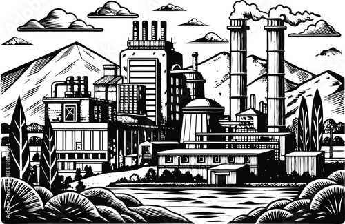 Black and White Engraving of an Industrial Landscape on White Background