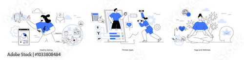 Three panels showcase concepts of a healthy lifestyle including balanced eating, fitness apps, and yoga for wellness. Ideal for health, fitness, nutrition, wellness, mindfulness, and self-care