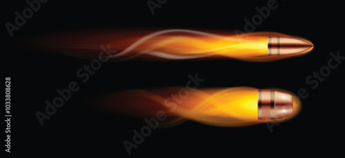An illustration of two high-speed bullets in motion against a black background. The bullets are depicted with a fiery trail, highlighting the intense speed and energy. The image captures the essence