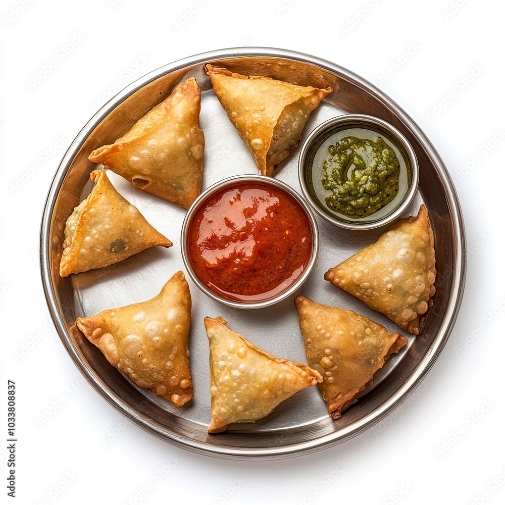Top view of a metal tray with samosas and chutney isolated on white background Top view of a metal tray with samosas and chutney isolated on white background