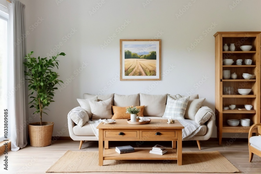 Cozy country living room interior design with a sofa, wooden table, cabinet, mock-up frame, and natural light from the window with copy space. Cozy country living room interior design with a sofa, wooden table, cabinet, mock-up frame, and natural light from the window with copy space.