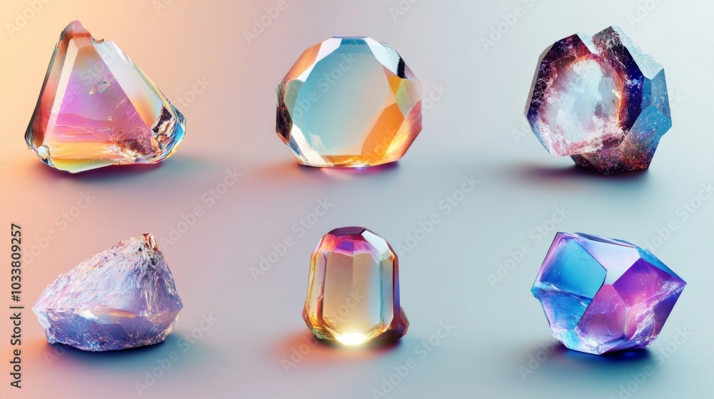 Assortment of vibrant crystals on gradient background with unique colors, shapes, and glossy finishes creating dreamy, ethereal feel. Assortment of vibrant crystals on gradient background with unique colors, shapes, and glossy finishes creating dreamy, ethereal feel.