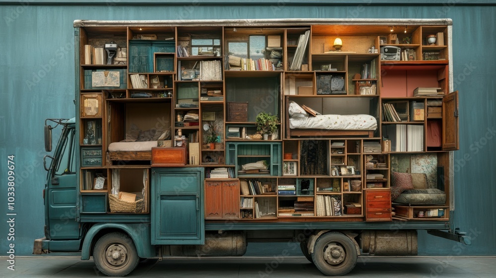 A whimsical exploration of compact living with a creatively designed truck filled with cozy, organized spaces in an artistic display A whimsical exploration of compact living with a creatively designed truck filled with cozy, organized spaces in an artistic display