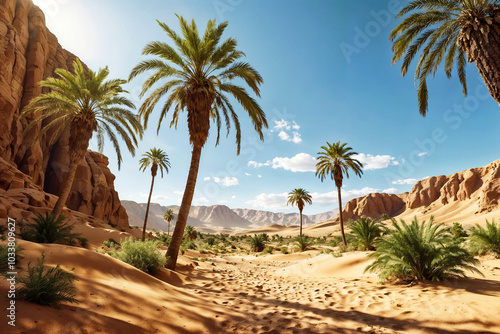 Scenery of mountain oasis in Sahara desert with palm trees, sunny summer day. Scenic view of oasis in Africa, perfect landscape of sand dunes and rocks. Geology hot climate concept. Copy text space