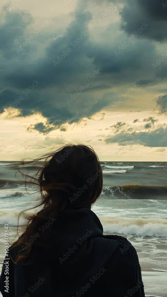 Woman facing stormy sea with dramatic clouds Woman facing stormy sea with dramatic clouds