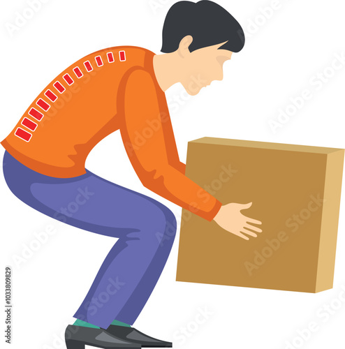 Wrong posture for lifting box. Pain injury danger