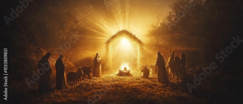 Biblical nativity scene showing Mary, baby Jesus and shepherds with angel. Peaceful representation of the birth of Jesus Christ. Concept of Christmas, nativity scene, history, religion