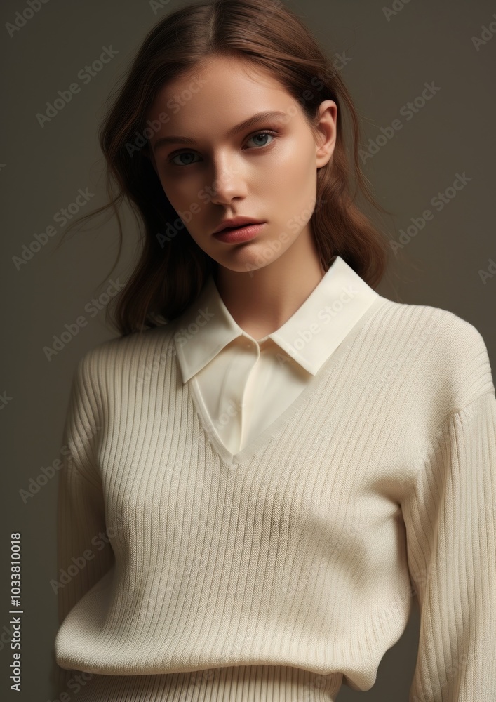 Knit sweater with a lapel collar and long sleeves portrait adult photo. Knit sweater with a lapel collar and long sleeves portrait adult photo.