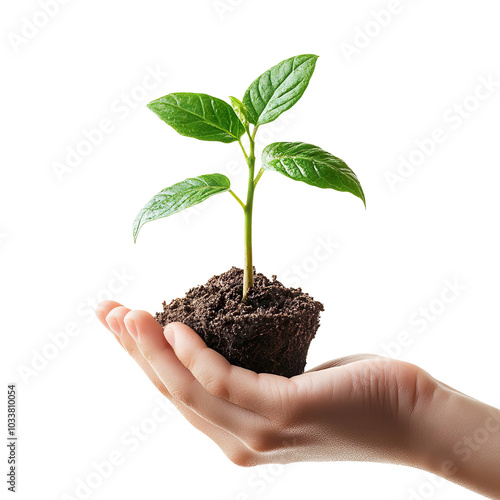 hand holding a young plant isolated on transparent background