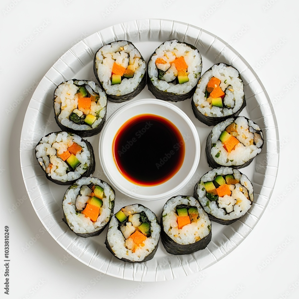 Top view of a paper plate with kimbap and dipping sauce isolated on white background Top view of a paper plate with kimbap and dipping sauce isolated on white background