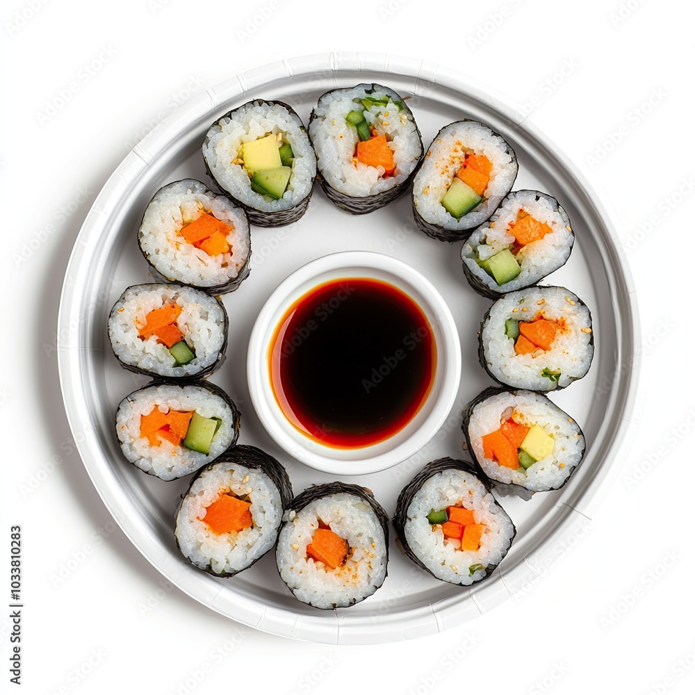Top view of a paper plate with kimbap and dipping sauce isolated on white background Top view of a paper plate with kimbap and dipping sauce isolated on white background