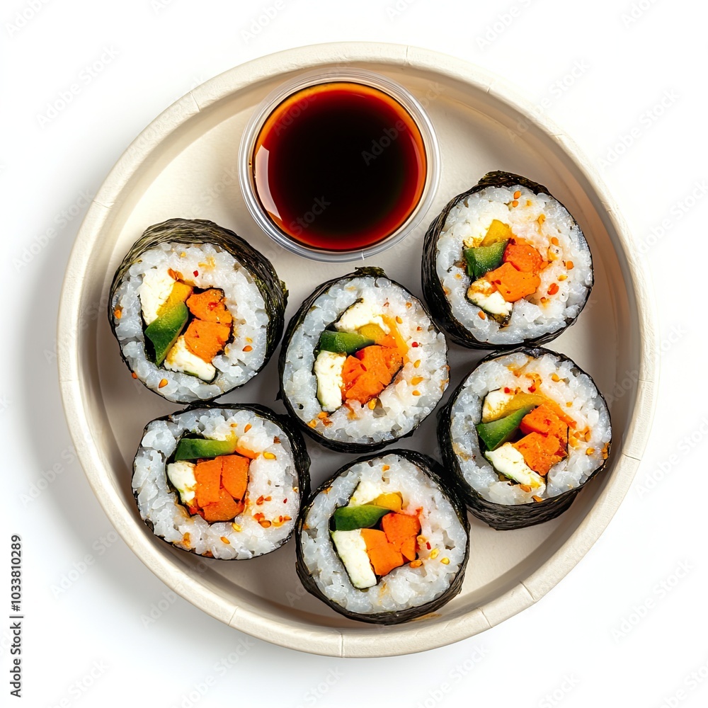 Top view of a paper plate with kimbap and dipping sauce isolated on white background Top view of a paper plate with kimbap and dipping sauce isolated on white background