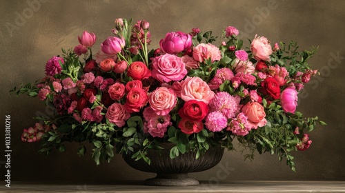 Opulent floral display fills an antique vase with an abundance of pink and red roses, peonies, and eucalyptus foliage