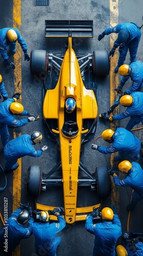 Formula 1 pit crew in blue uniforms surrounds a yellow racing car, performing a pit stop with precision and speed