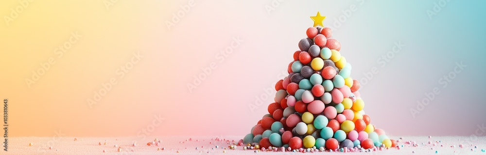 christmas tree made of little gummyball candy isolated on pink background christmas tree made of little gummyball candy isolated on pink background