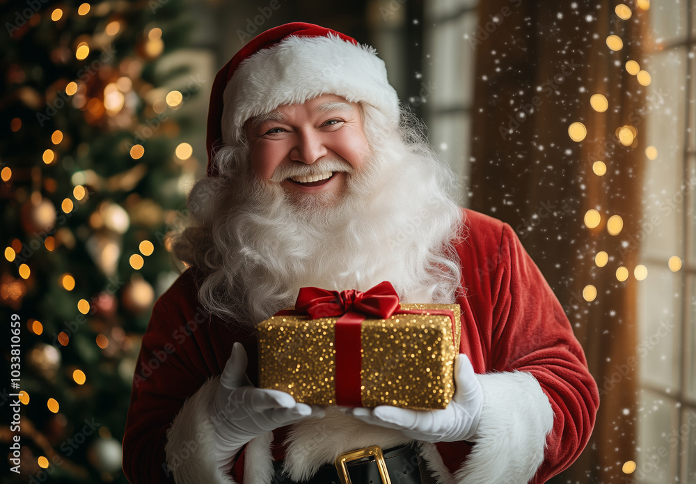 Close-up of a happy Santa Claus holding a present box with golden ribbon and decorated for Christmas living room in the background Close-up of a happy Santa Claus holding a present box with golden ribbon and decorated for Christmas living room in the background