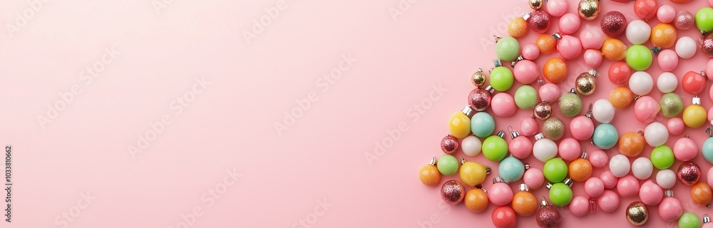 christmas tree made of little gummyball candy isolated on pink background christmas tree made of little gummyball candy isolated on pink background