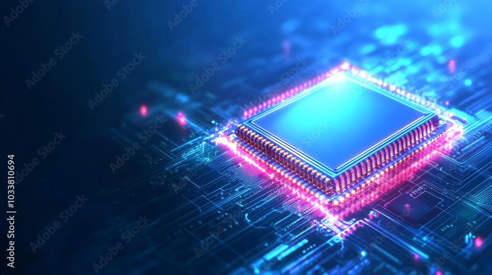 A futuristic microchip processor illuminated with lights against a blue background. This isometric banner highlights the concepts of quantum computing, large data processing, and central computer proc A futuristic microchip processor illuminated with lights against a blue background. This isometric banner highlights the concepts of quantum computing, large data processing, and central computer proc