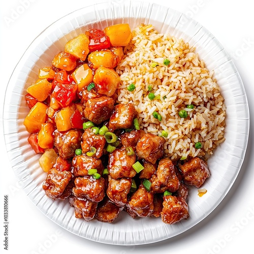 Top view of a paper plate with sweet and sour pork and fried rice isolated on white background photo