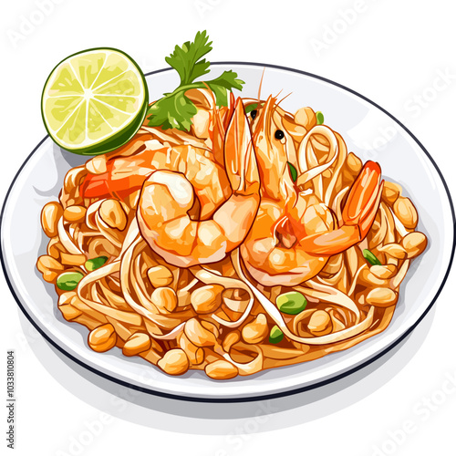 Pad Thai with Shrimp and Peanuts - Vector Illustration