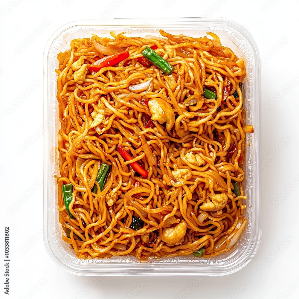 Top view of a plastic container with chow mein isolated on white background Top view of a plastic container with chow mein isolated on white background