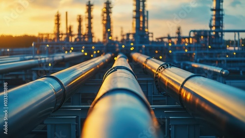 Refinery pipelines stretching into horizon, intricate industrial network