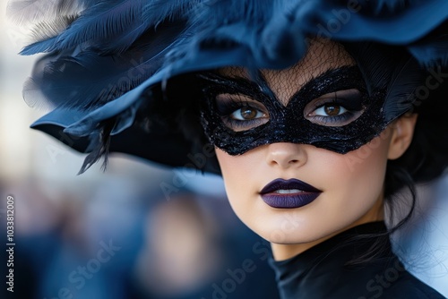 An elegant woman dons a dark feathered hat and intricate mask, exuding mystery and sophistication in this striking and stylistically dramatic portrait image. photo