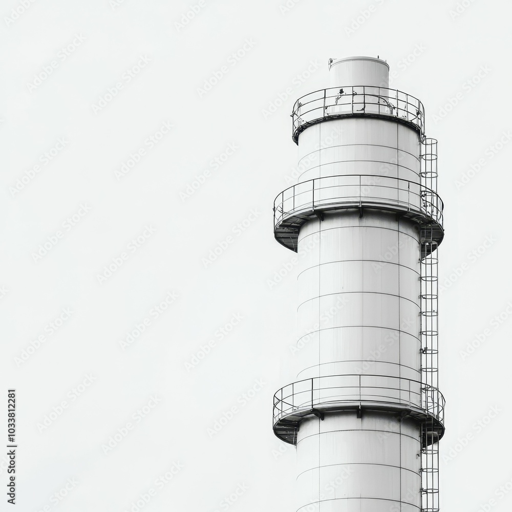 A tall industrial smokestack stands against a gray sky, featuring circular platforms and a metal ladder. A tall industrial smokestack stands against a gray sky, featuring circular platforms and a metal ladder.