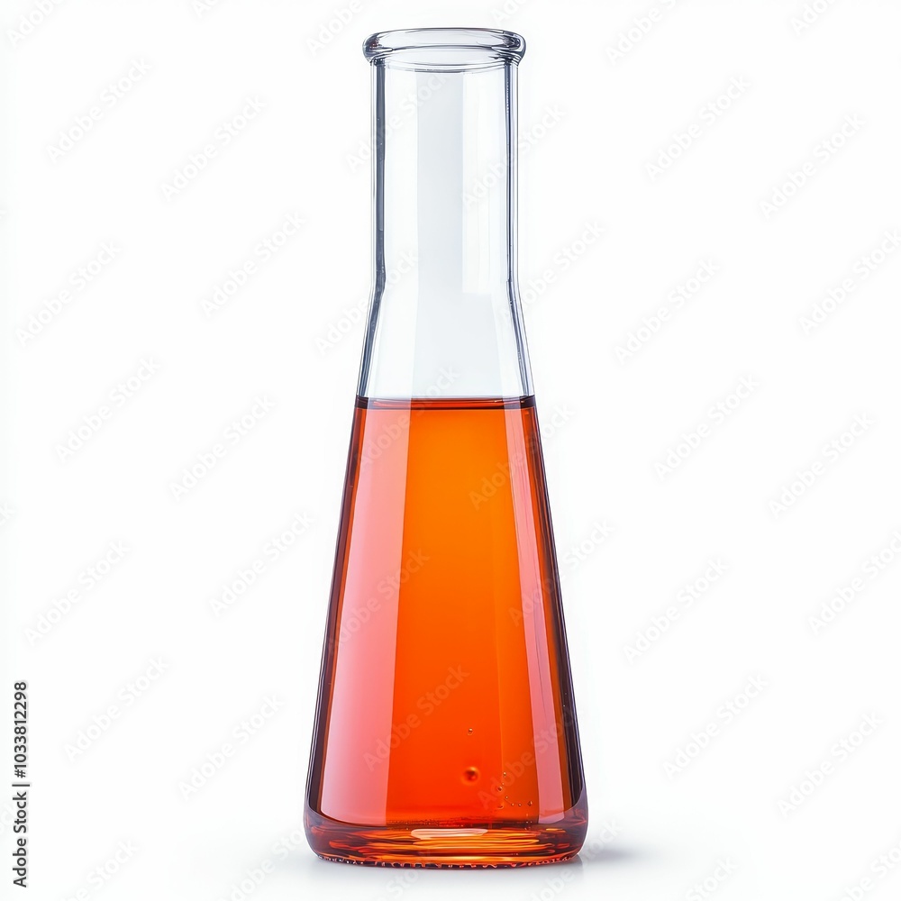 A conical flask containing a bright orange liquid, commonly used in laboratories for experiments and chemical reactions.