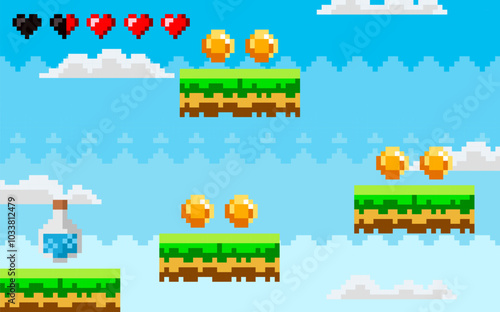 Retro pixel art scene of a platformer game level with coins, hearts, clouds, floating platforms, drink potion and blue sky. Ideal for gaming design, retro aesthetics, pixel art fans, nostalgia