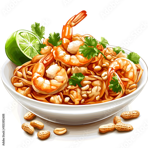 Pad Thai with Shrimp and Peanuts - Vector Illustration