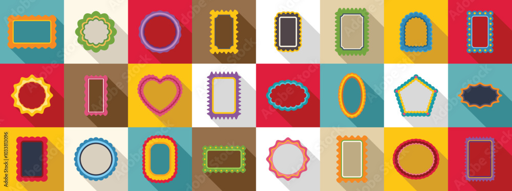 Scallop frame icons set. Set of different colorful decorative frames casting shadow on white background Scallop frame icons set. Set of different colorful decorative frames casting shadow on white background