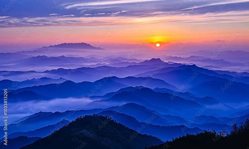 Majestic sunrise over a mountain range, with a vibrant sky and layers ...