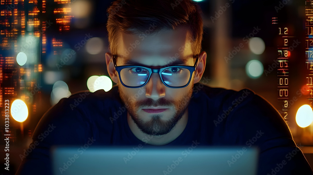 Focused Professional Man with Glasses Working Late Focused Professional Man with Glasses Working Late
