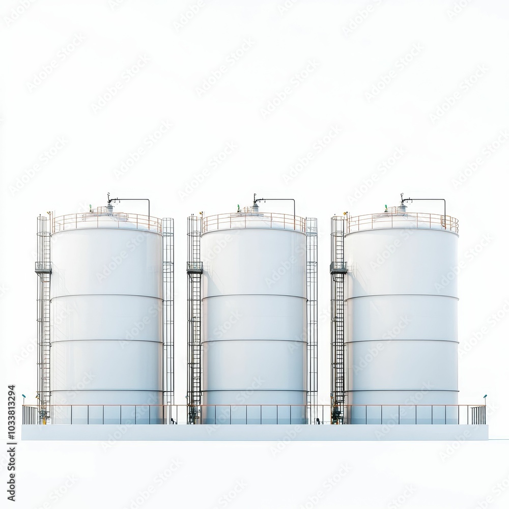 Three large cylindrical storage tanks stand in a row against a white background, featuring metal frameworks and ladders for access. Three large cylindrical storage tanks stand in a row against a white background, featuring metal frameworks and ladders for access.