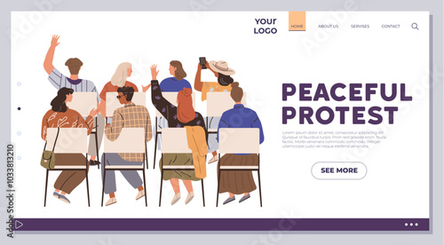 A diverse group of individuals sitting on chairs holding placards in a peaceful protest. Ideal for activism community events social change unity and public awareness