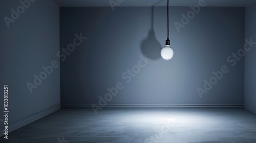 Dark empty room with single flickering light bulb casting long shadows, emphasizing absence of power and eerie atmosphere, minimalist setting with focus on light bulb's glow.