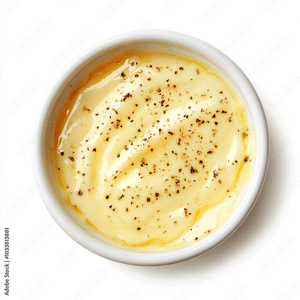Top view of a porcelain ramekin with béchamel sauce isolated on white background Top view of a porcelain ramekin with béchamel sauce isolated on white background