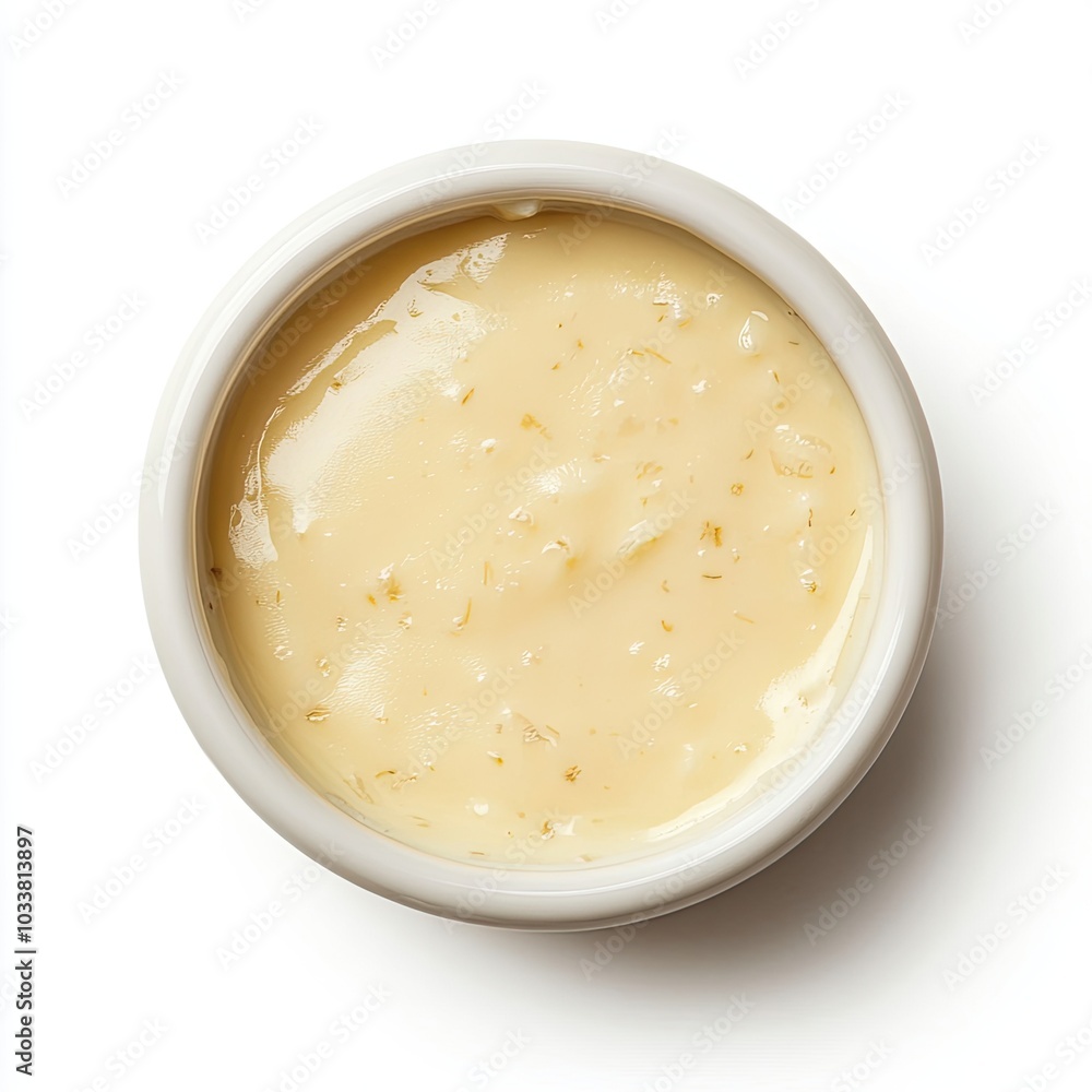 Top view of a porcelain ramekin with béchamel sauce isolated on white background Top view of a porcelain ramekin with béchamel sauce isolated on white background