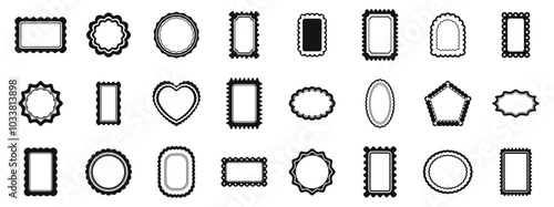 Scallop frame icons set. Big set of different empty vintage labels with postage stamps design, simple style